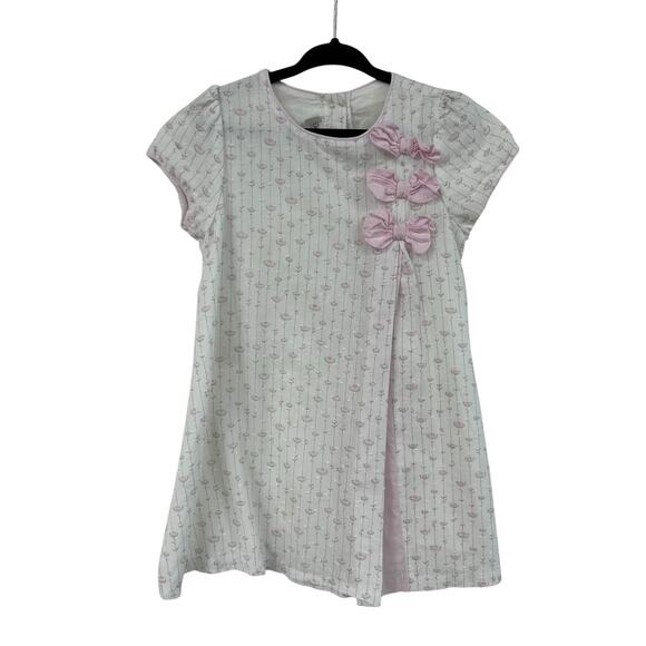 Dondolo White Pink Daisy Print Short Cap Sleeve Maggie Bow Dress Girls 4 - Picture 2 of 5